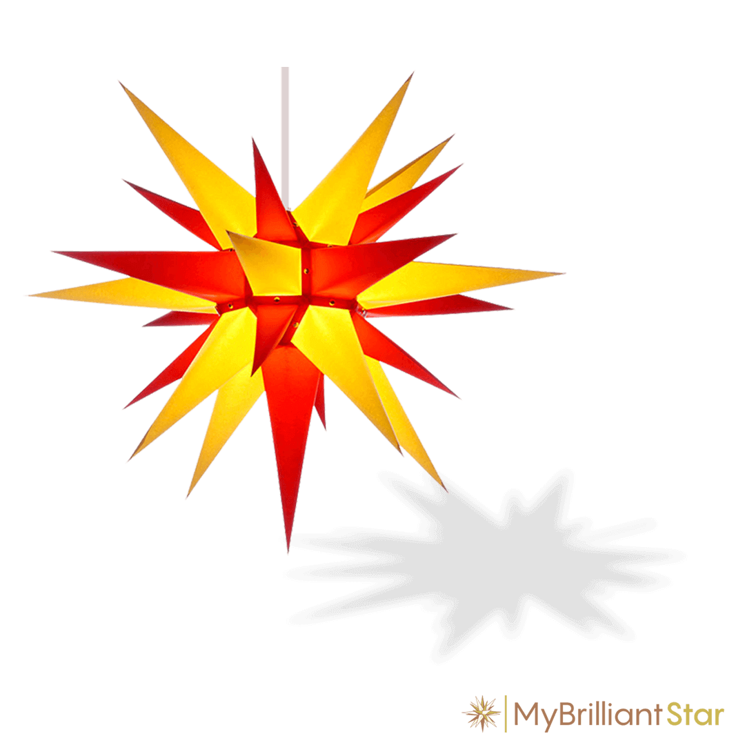 Original Herrnhut paper star, yellow / red, ~ 70 cm / 27 inch ø on string
